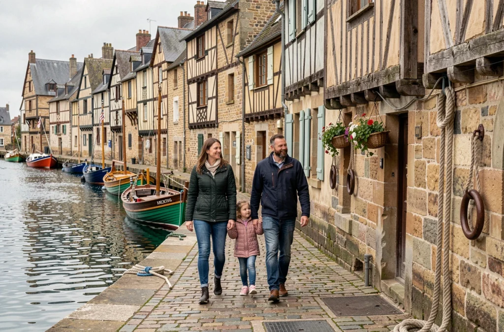 Famille se promenant sur les quais historiques du Port de Saint-Goustan à Auray dans le Morbihan