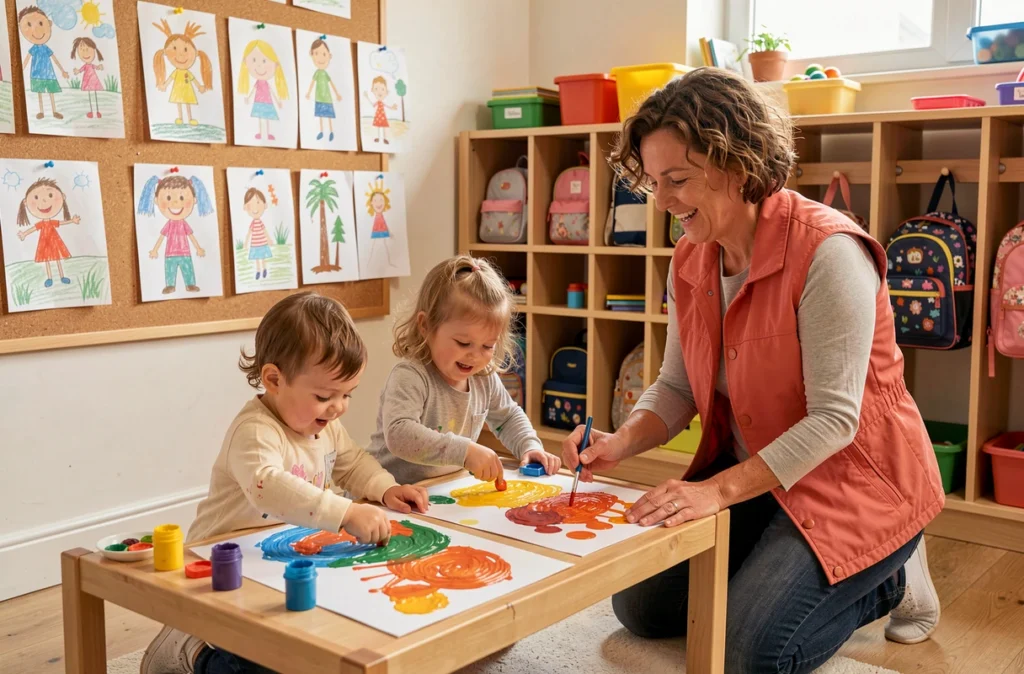 Professionnelle de la petite enfance encadrant une activité peinture avec des enfants aux P'tits Babadins de Montivilliers