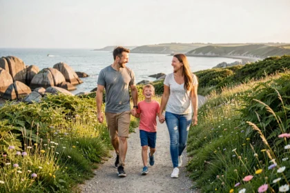 Famille en balade sur un chemin côtier du Morbihan avec vue sur la baie en été