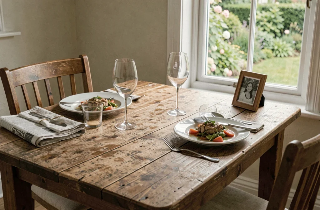 Table intime dressée pour deux personnes avec un cadre photo retourné, évoquant la discrétion et la vie privée d'un couple loin des regards médiatiques