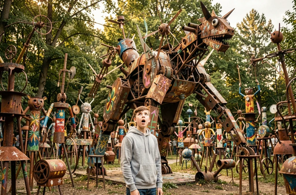 Adolescent contemplant une sculpture monumentale en ferraille à l'Univers du Poète Ferrailleur