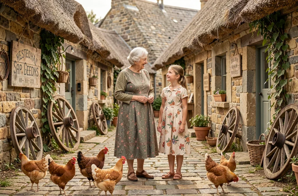 Grand-mère et fillette dans la ruelle en pierre du Village reconstitué de Poul-Fetan dans le Morbihan