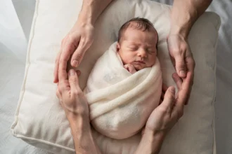 Nouveau-né endormi dans une couverture douce, entouré des mains de ses parents