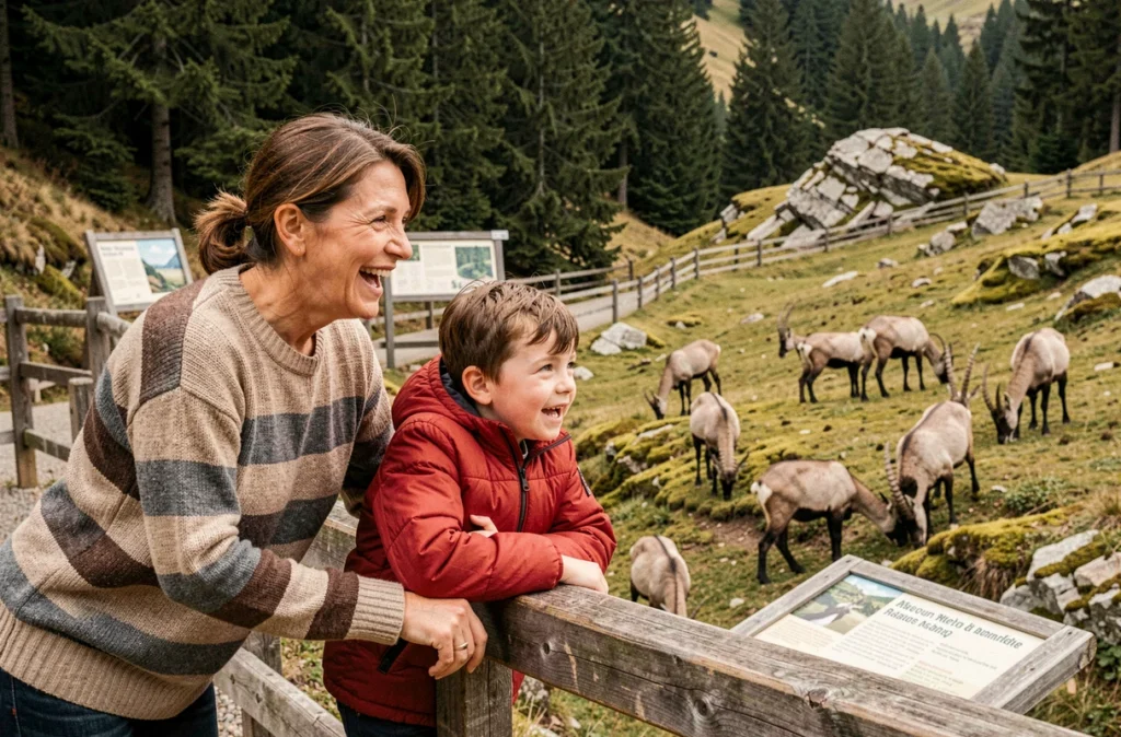 Mère et enfant observant des bouquetins dans un parc animalier alpin en Haute-Savoie lors d'une sortie en famille