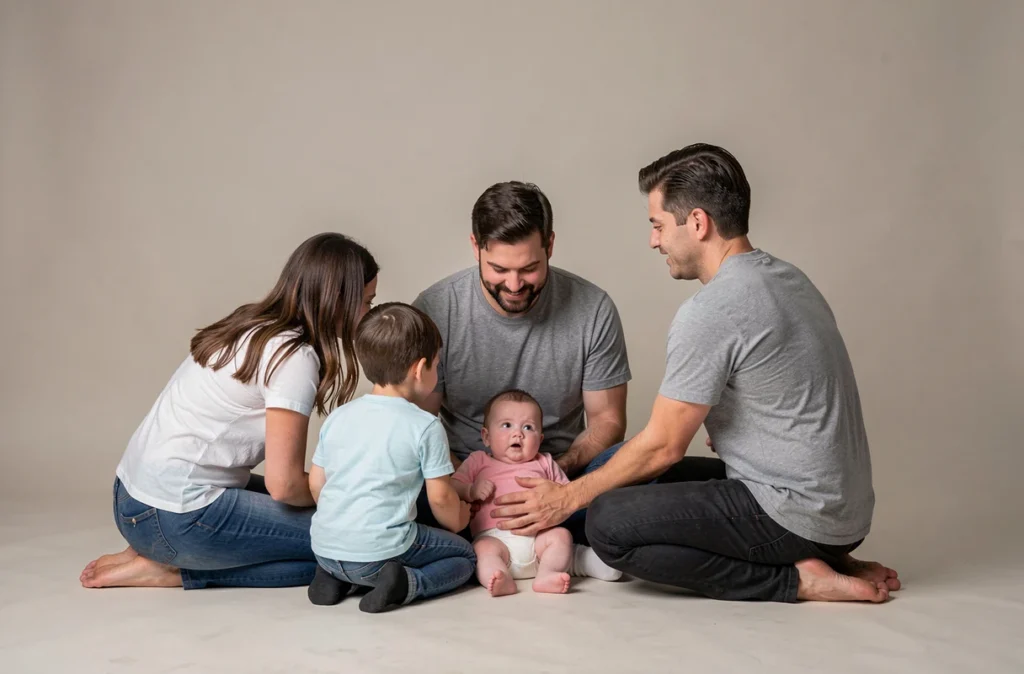 Parents et grand frère réunis autour d'un bébé endormi en studio