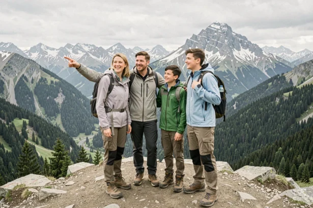 Famille en randonnée sur un belvédère alpin en Haute-Savoie avec vue panoramique sur les montagnes enneigées