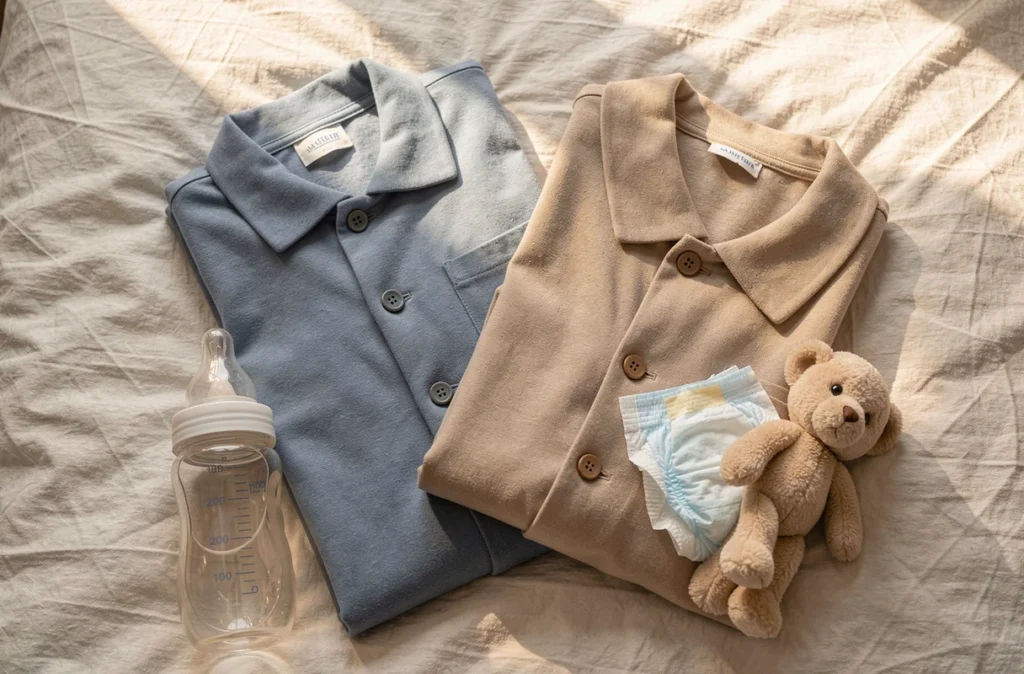Tenues assorties, couches et doudou préparés avant une séance photo de bébé